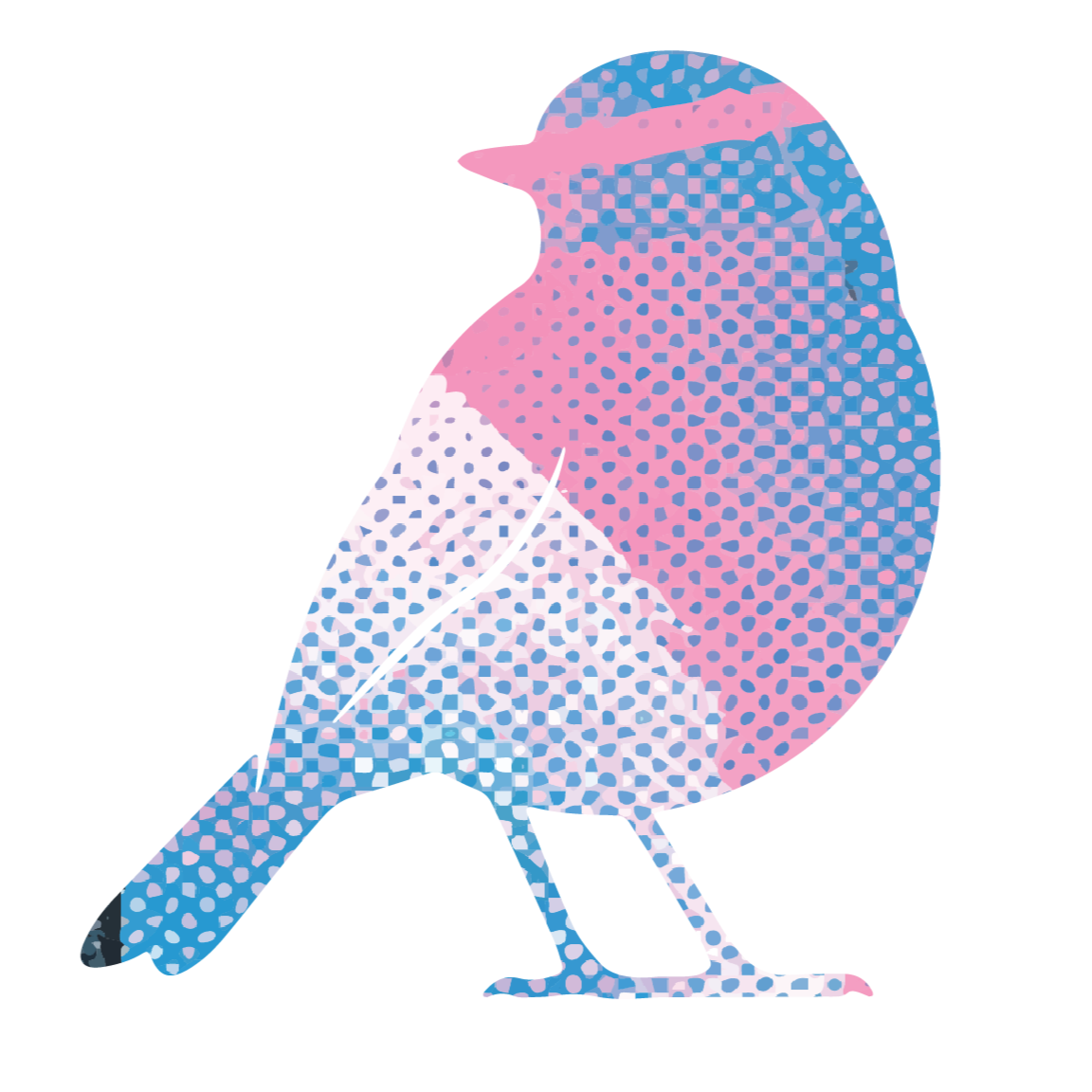 A colorful abstract bird with dotted pattern in pink, blue, and white colors.