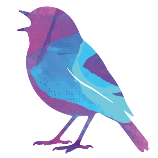 A colorful, abstract collage of a bird with shades of purple, blue, and pink.
