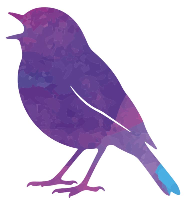 A digital collage of a bird with predominantly purple feathers, a blue tail tip, and standing on a pink and gray base.