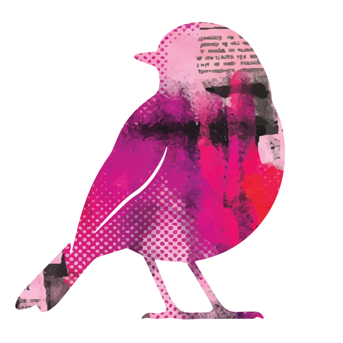 Abstract digital collage of a pink and purple bird sitting on one leg.