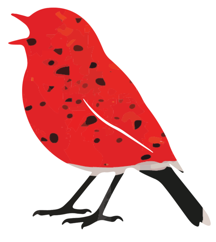 Collage of a speaking robin with a red body, black spots, and black wings and tail