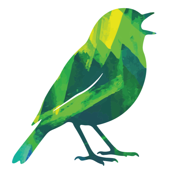 Bird with green, yellow, and blue foliage-like patterns.