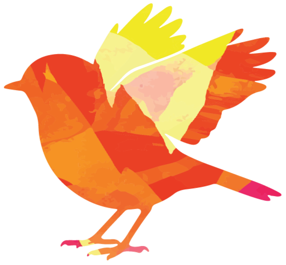 Digital collage of a bird, possibly a robin, with orange, red, and yellow feathers, ready to fly
