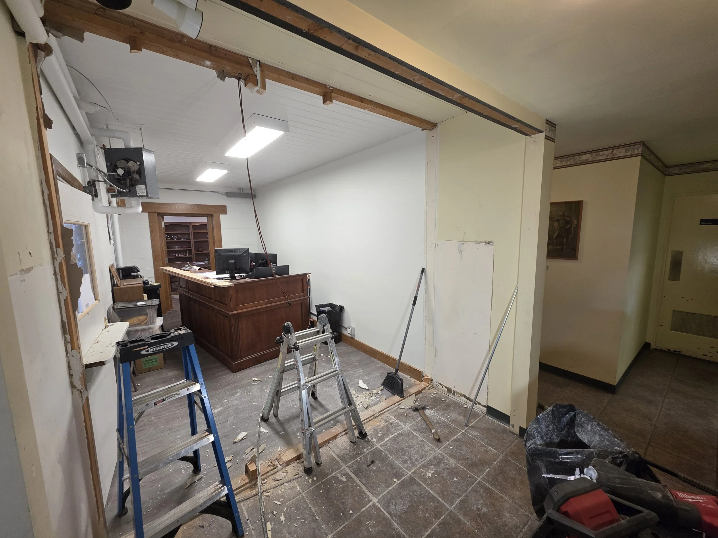Wall opened up between the church hallway and the office, Butte, Montana
