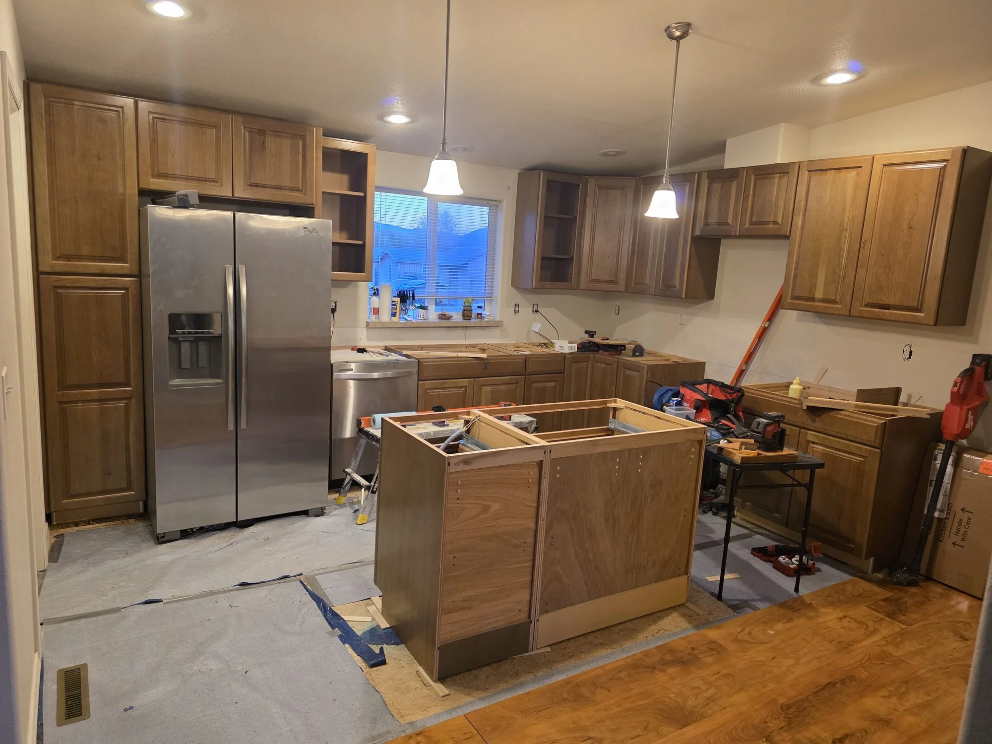 Wide view of the new kitchen cabinets and island, Anaconda, MT