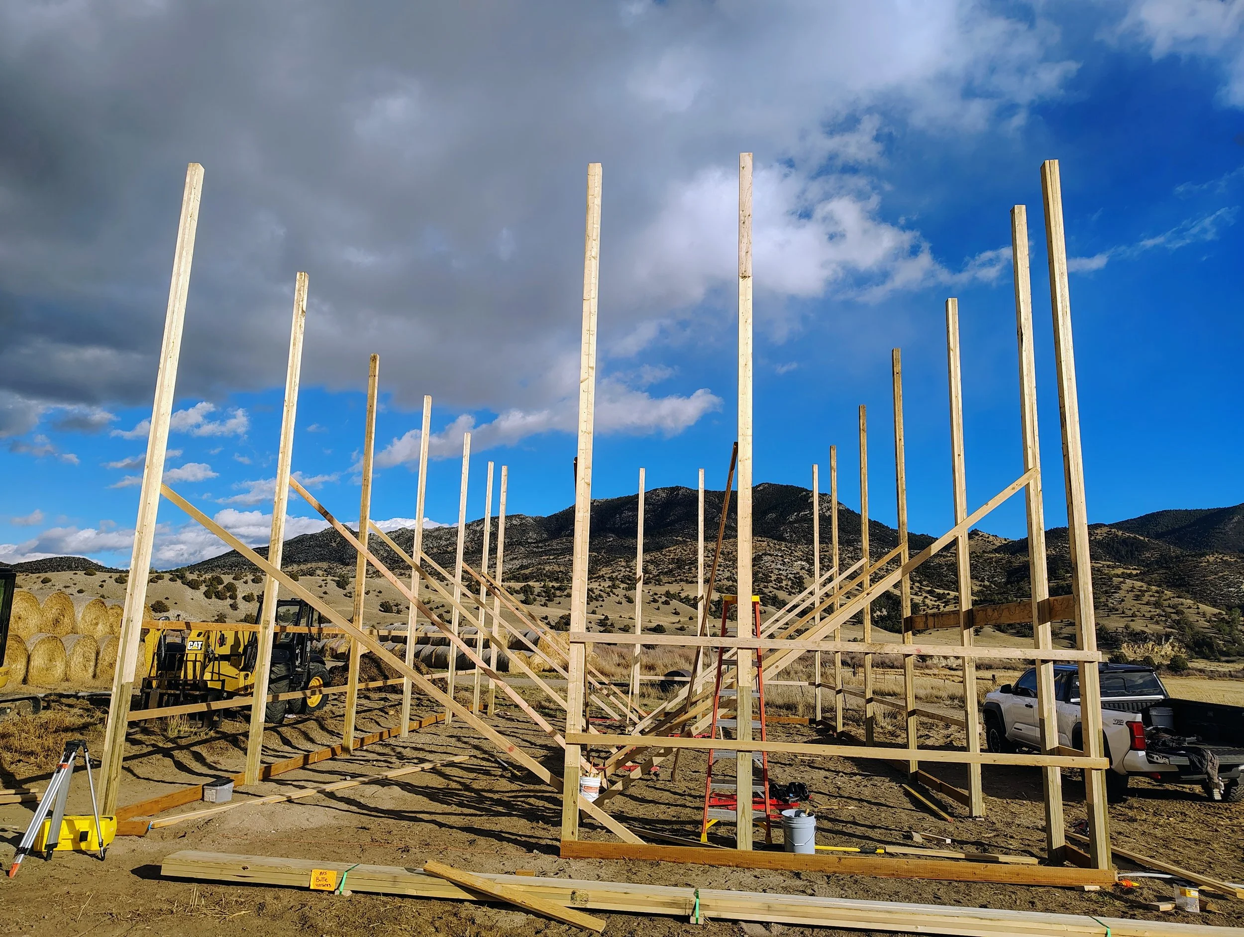 Pole barn posts set and braced, Cardwell, Montana