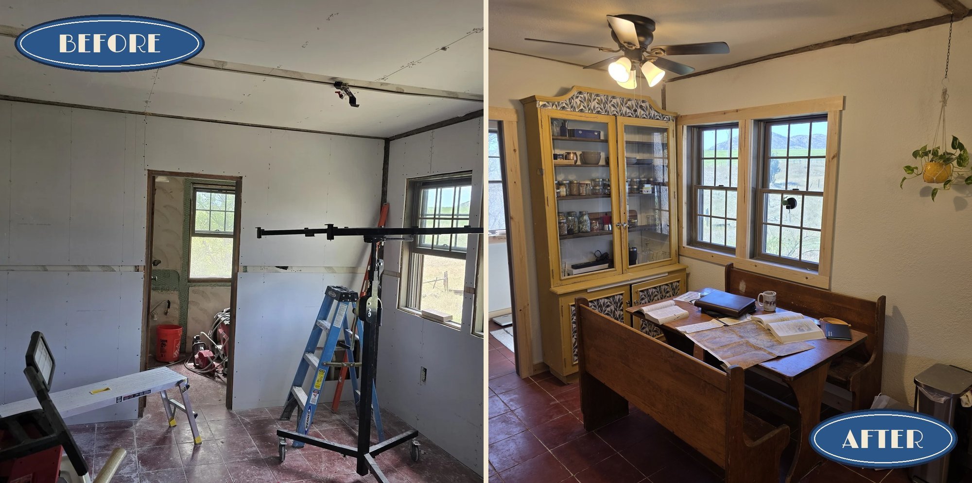 Before and after: dining room windows retrimmed with new pine casing and paint, Cardwell, MT bunkhouse