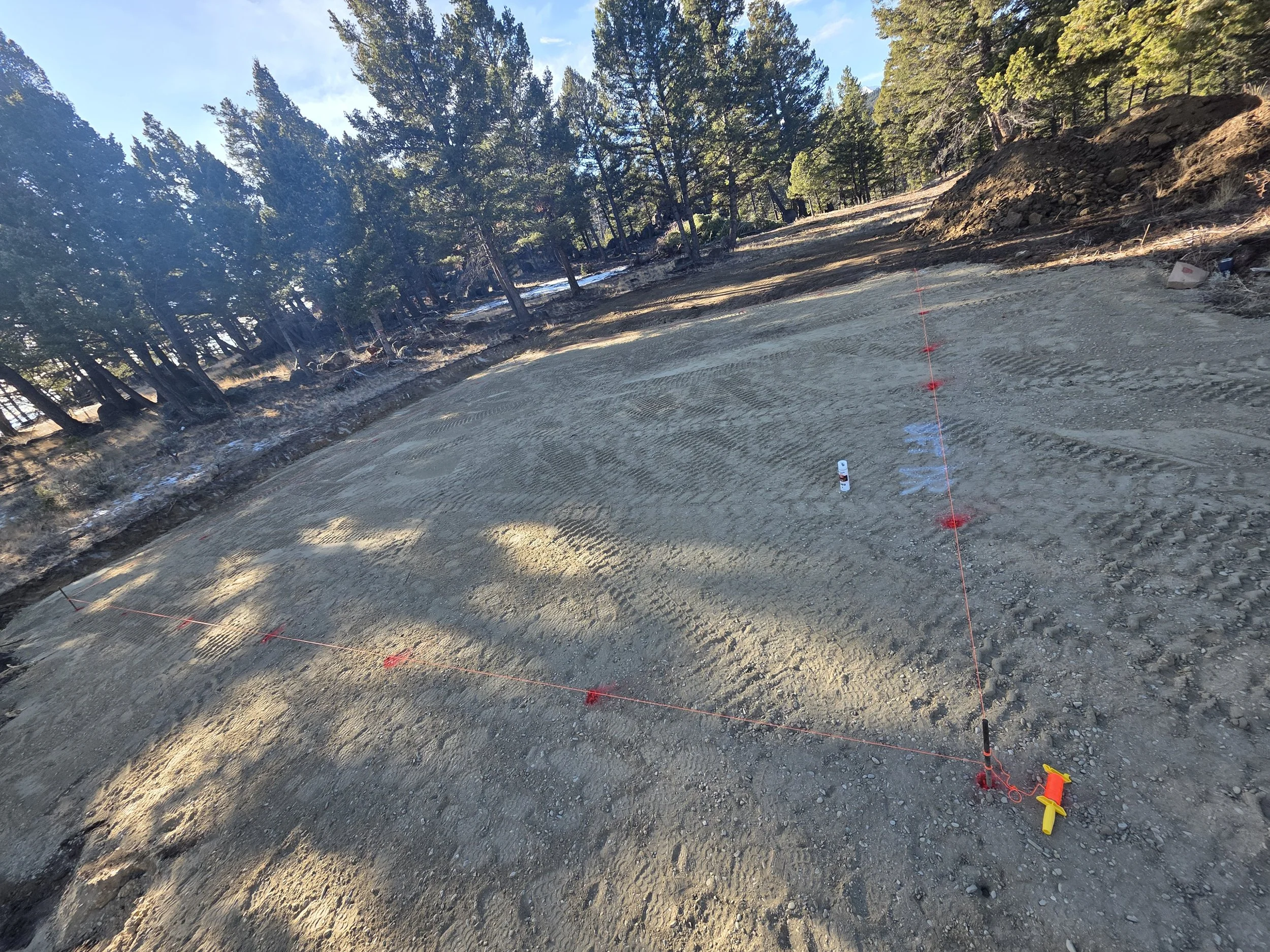 Building site laid out and marked for a pole barn shop, Whitehall, Montana