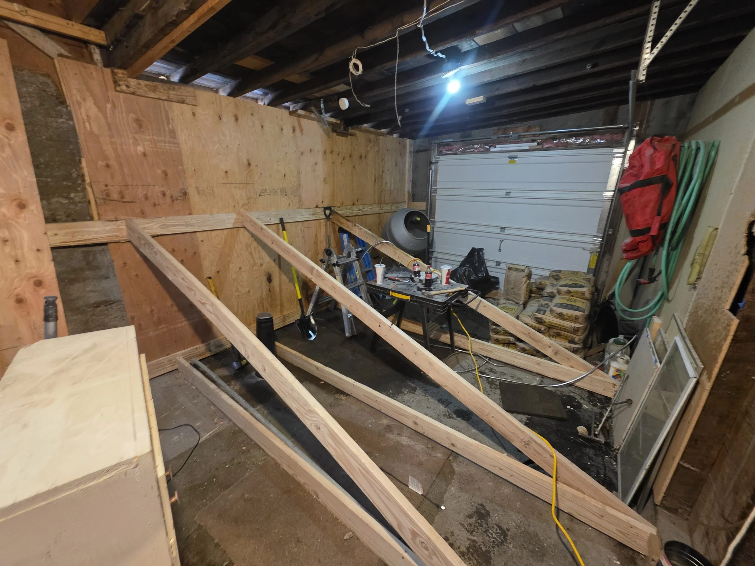 Bracing inside the garage for the concrete pour, Butte, Montana