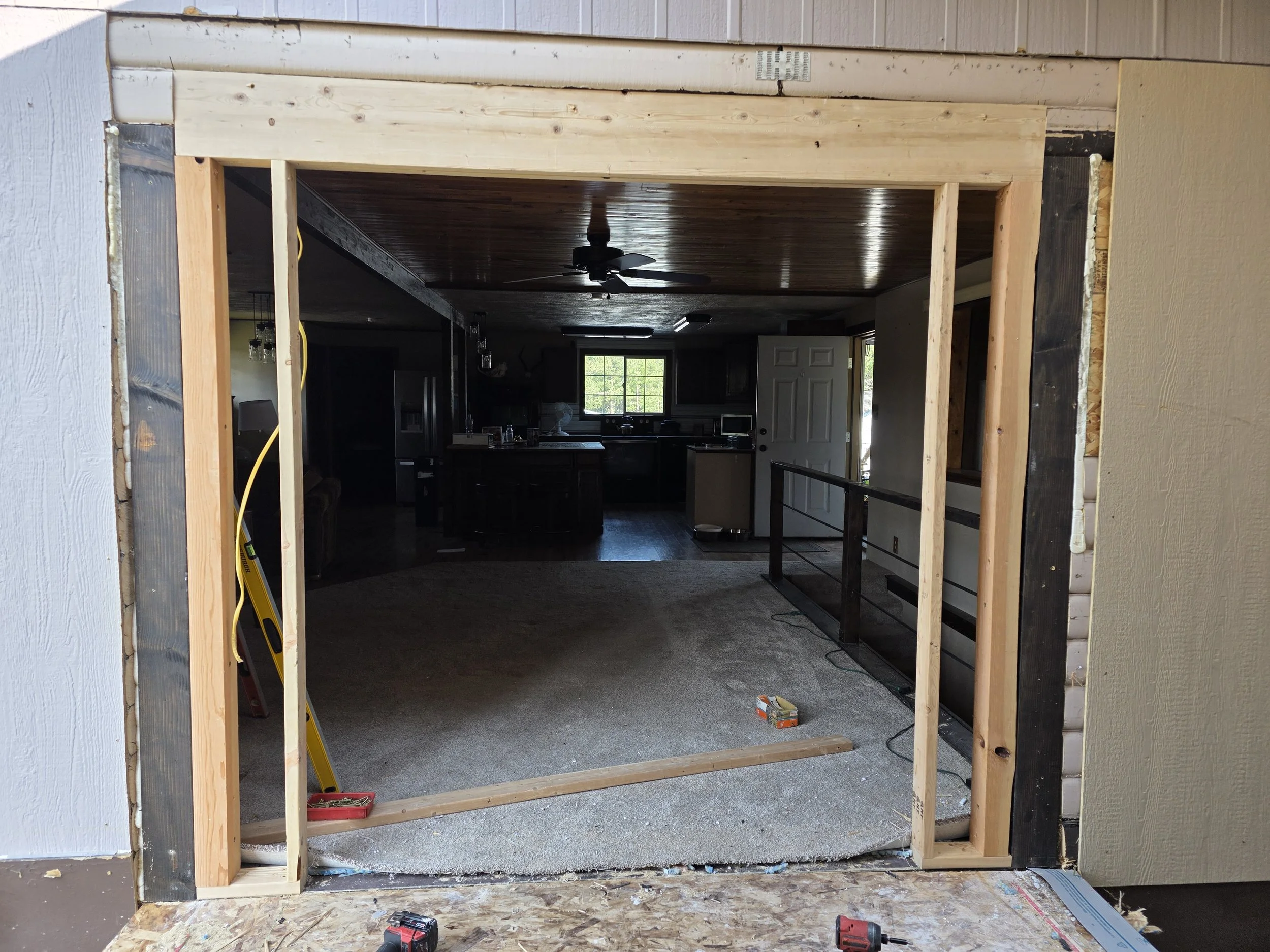 New framed opening on the main house after the addition came off, Whitehall, Montana