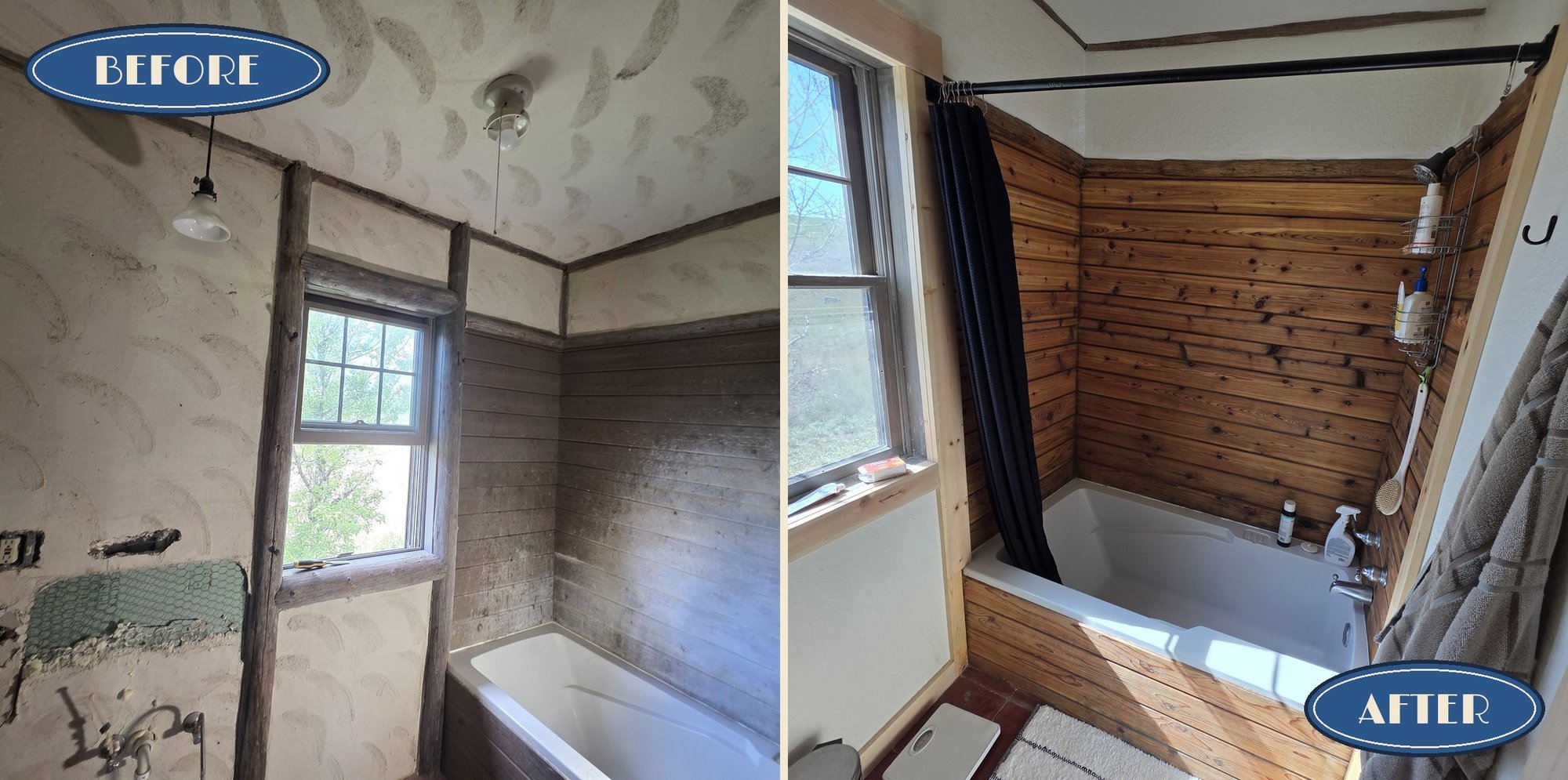 Before and after: bunkhouse bathroom tub wall in Cardwell, Montana, with the existing tub kept and a new wood surround built around it