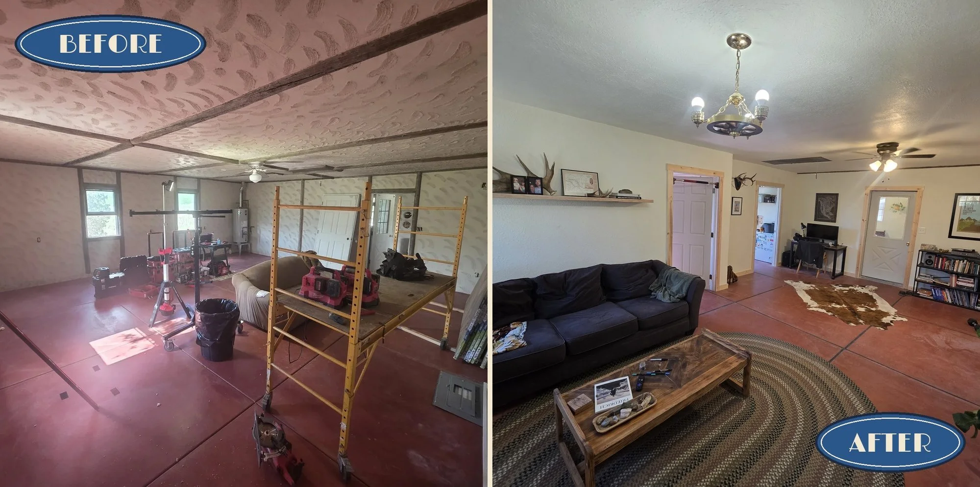 Before and after: bunkhouse living room near Cardwell, Montana, from bare plaster and scaffolding to finished drywall, exposed beams and new trim