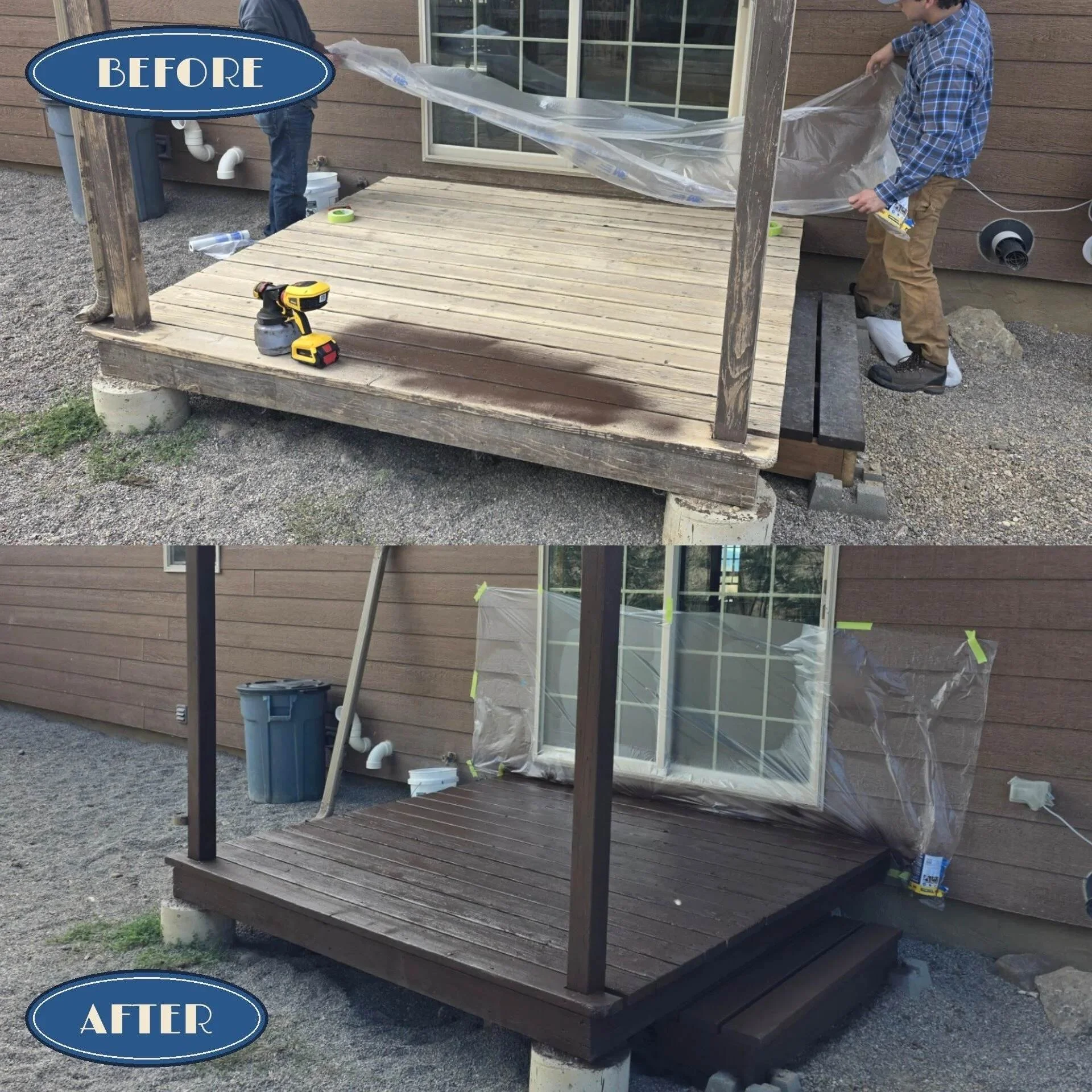 Before and after: gray weathered deck sanded back to clean wood and stained, Twin Bridges, MT