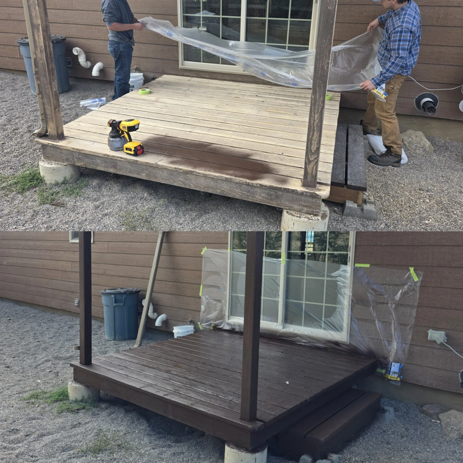 Deck sanded and stained with penetrating stain before winter, Twin Bridges, Montana