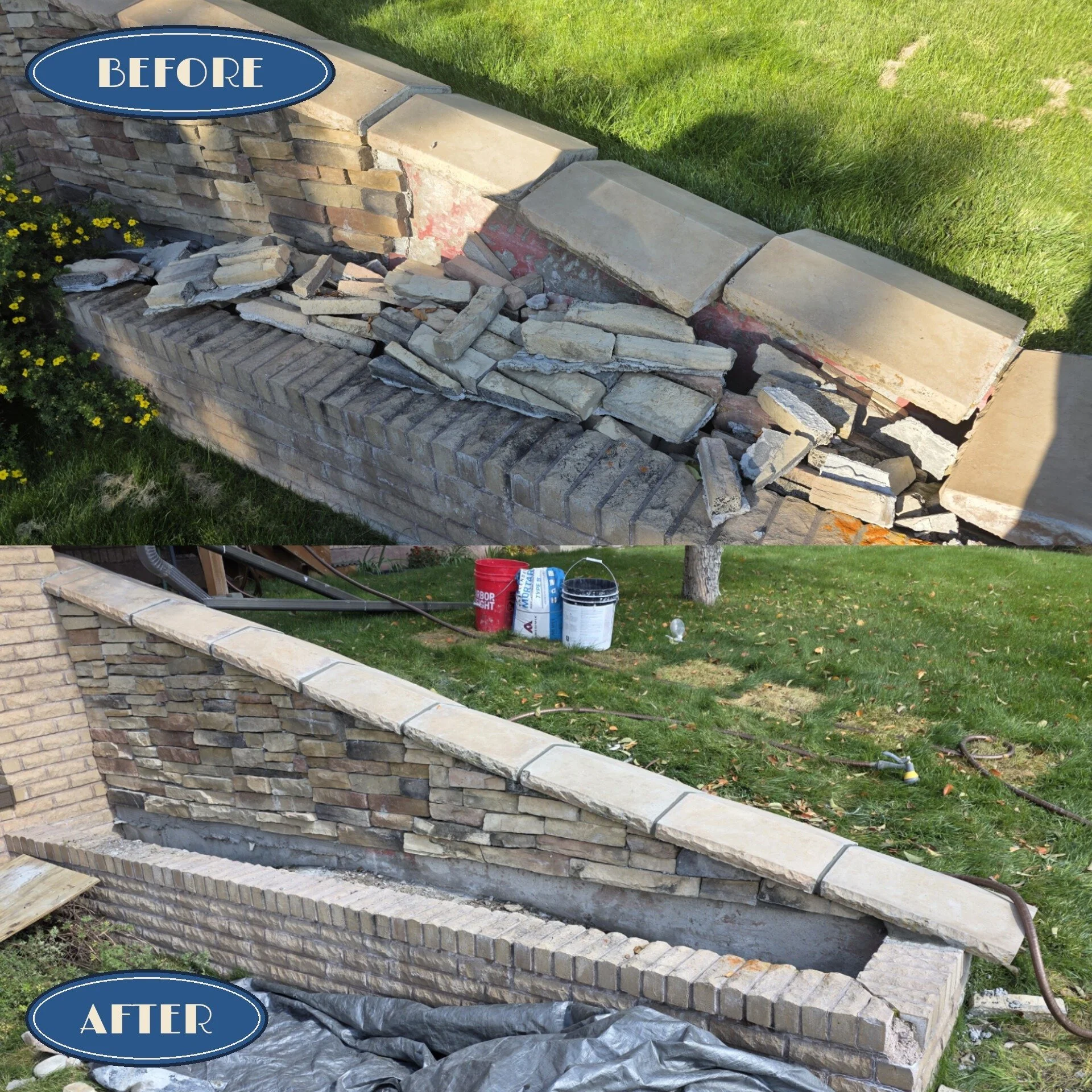 Before and after: collapsed stone veneer planter wall in Butte, MT re-mortared with the caps reset