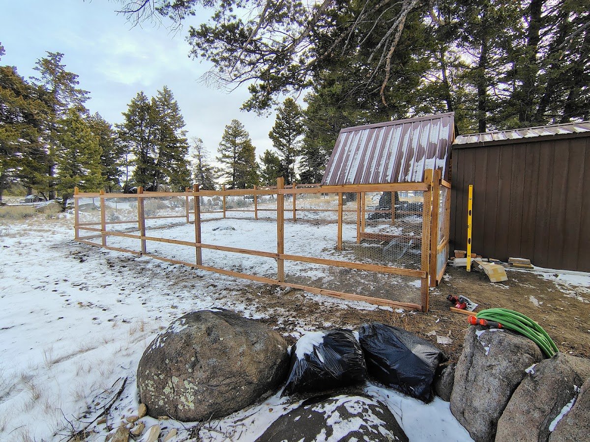 Chicken run fence framed next to the coop in the snow, Pipestone, Montana