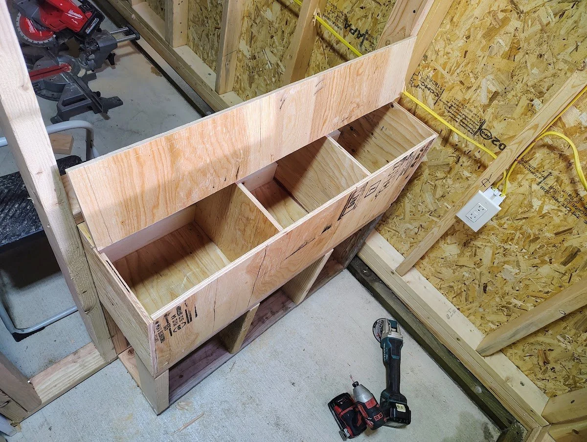 Nest boxes built in the shop for the coop, Pipestone, Montana