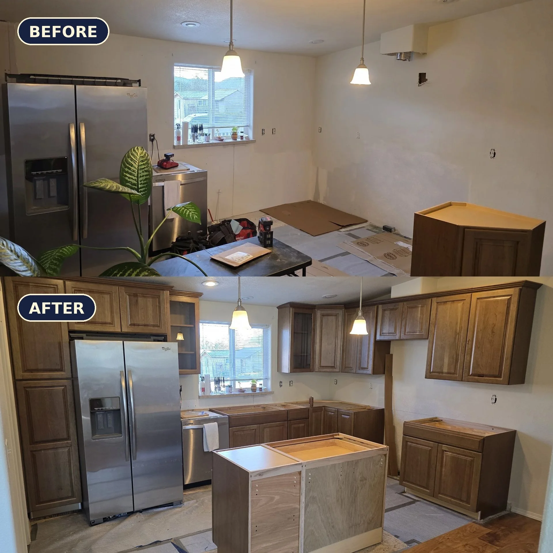 Before and after: Anaconda, MT kitchen gutted after a fire and water leak, then new cabinets and island installed