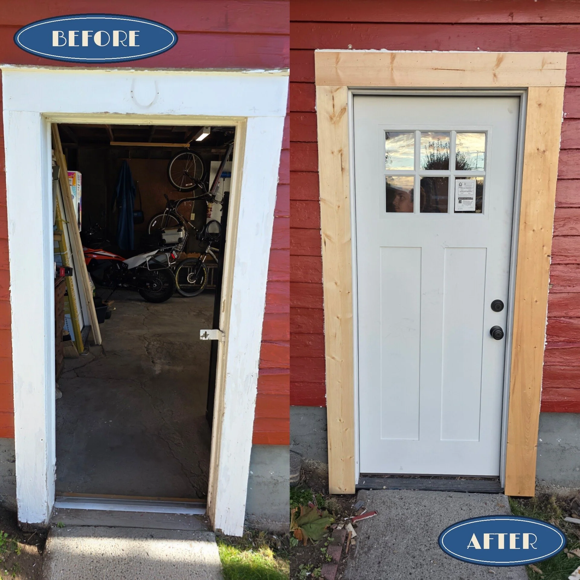 Before and after: rotted garage man door in Butte, MT replaced with a new pre-hung steel door and trim