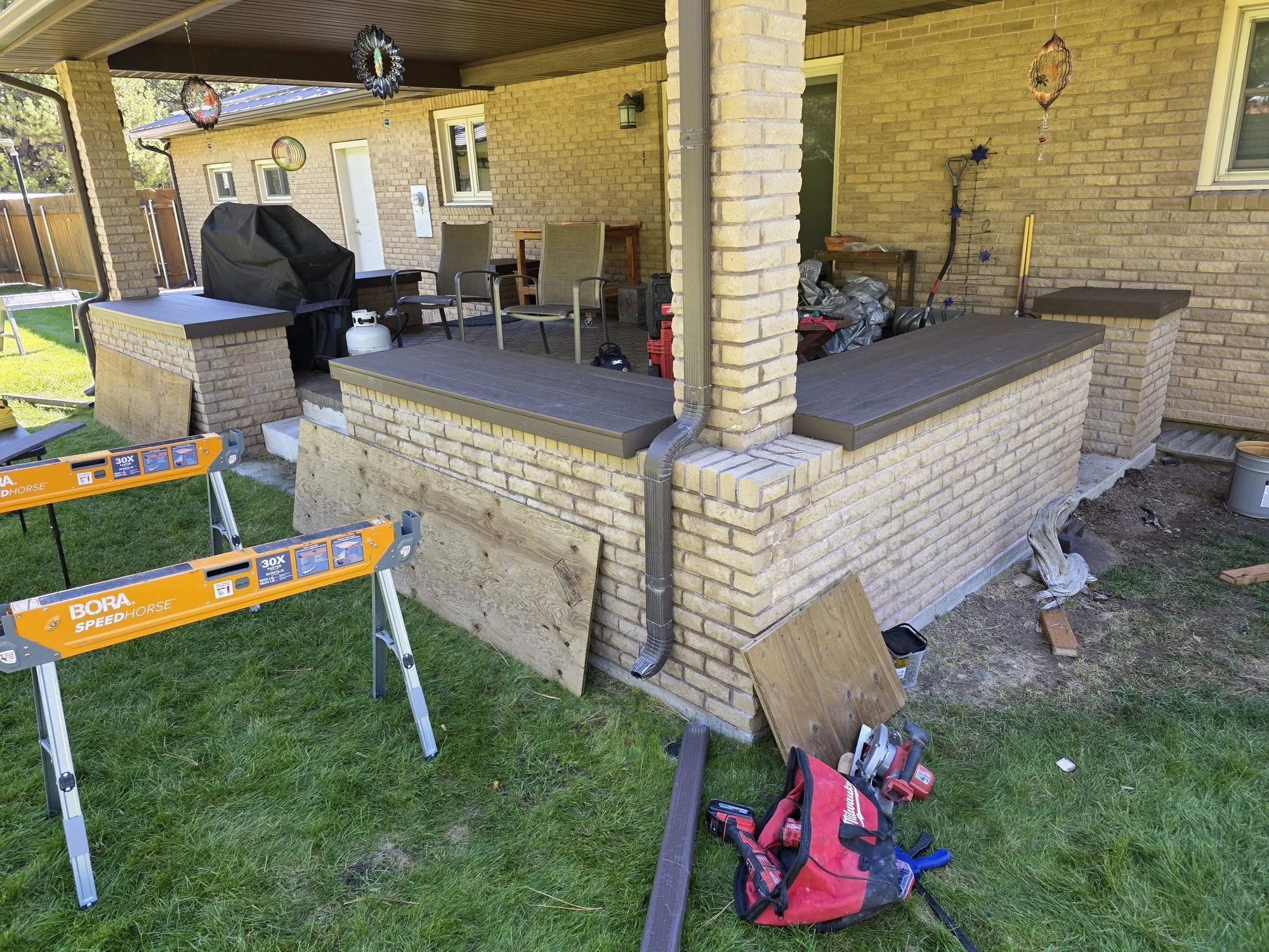 Bench cover build in progress at the patio corner, Butte, MT