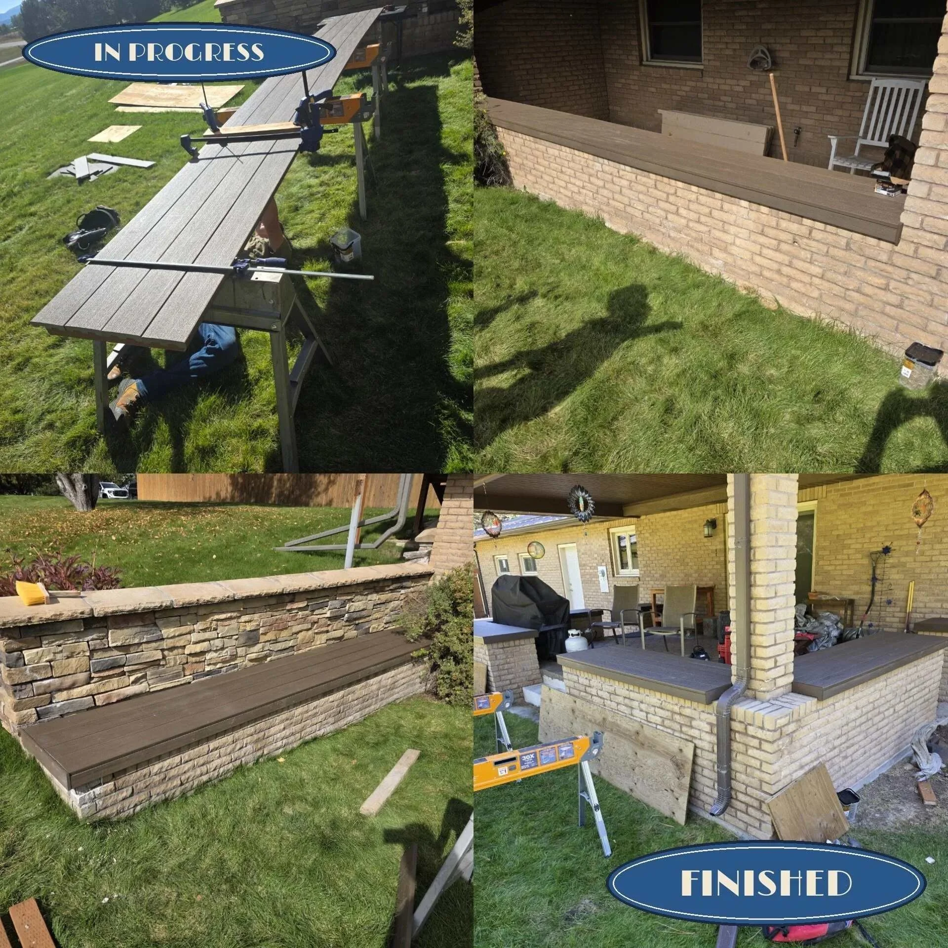 In progress and finished: composite bench covers on brick patio planters, Butte, MT