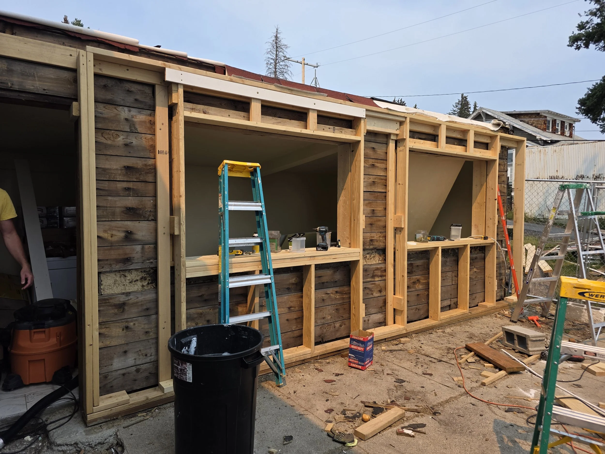 Addition wall framing opened up before new sheathing, Uptown Butte, Montana