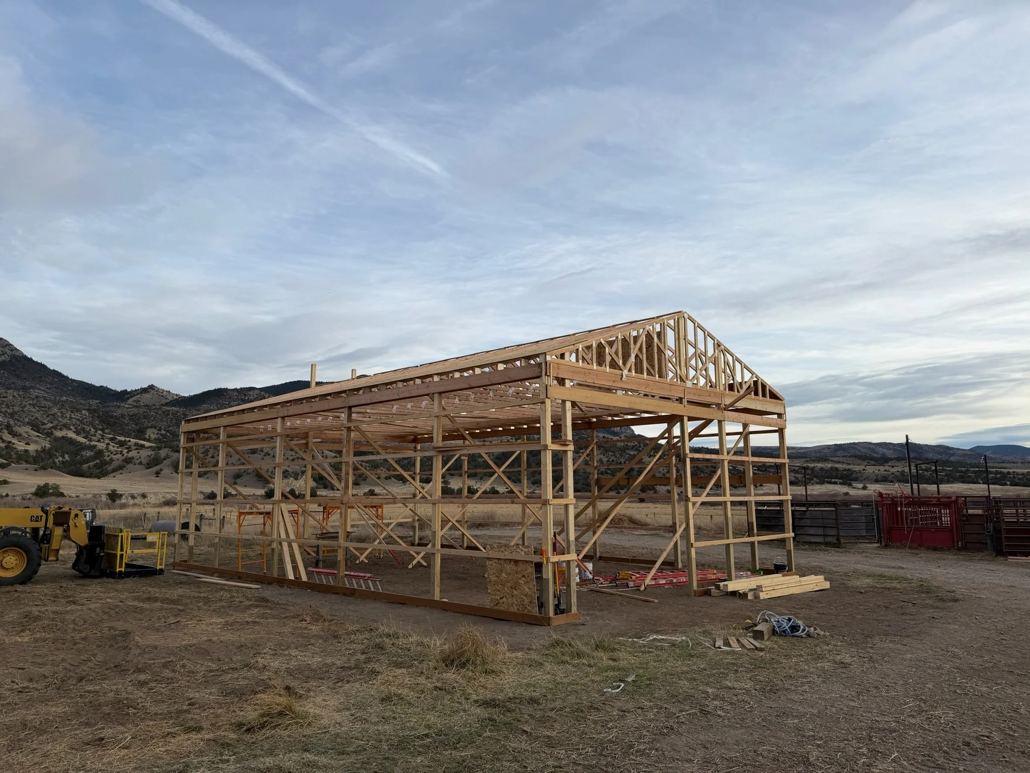 Trusses set on the 40x60 ranch pole barn, Cardwell, Montana