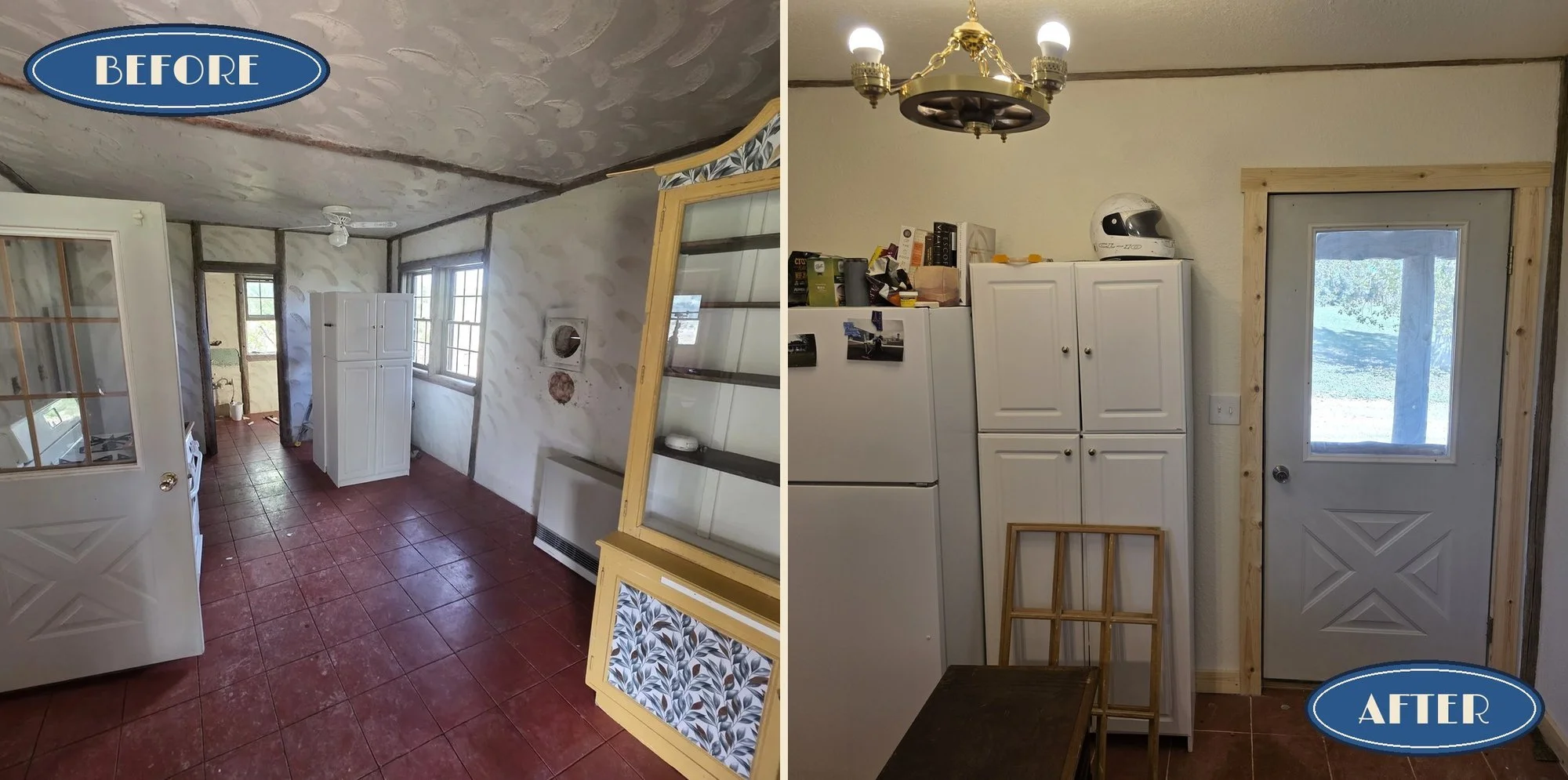 Before and after: bunkhouse kitchen door wall in Cardwell, Montana, rebuilt with new drywall, trim and a reclaimed door