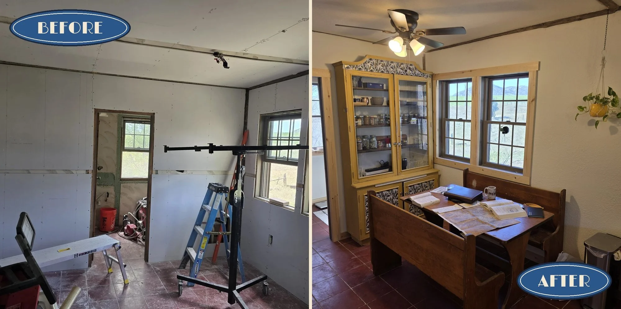 Before and after: dining room windows in a Cardwell, Montana bunkhouse, retrimmed with new pine casing and paint