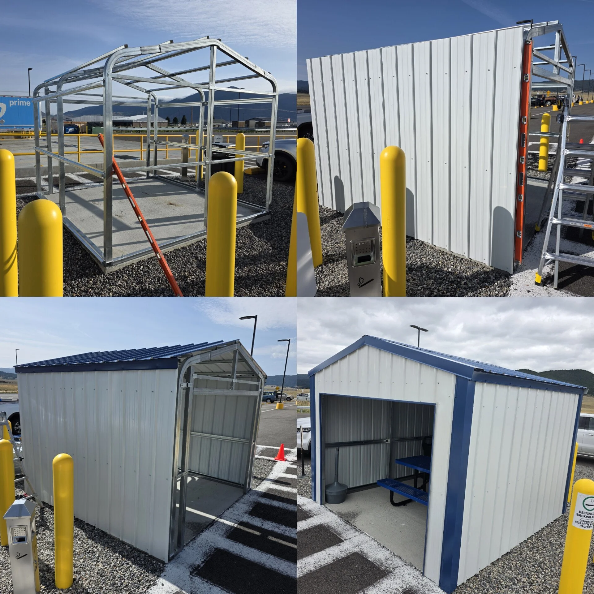 Finished steel shelter bolted to the concrete pad, Butte, MT