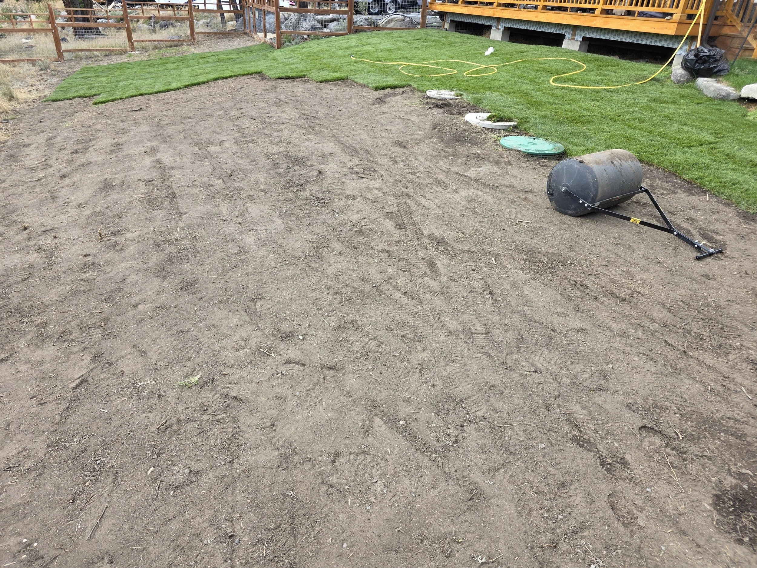 Prepped soil with a lawn roller, ready for the rest of the sod, Whitehall, Montana