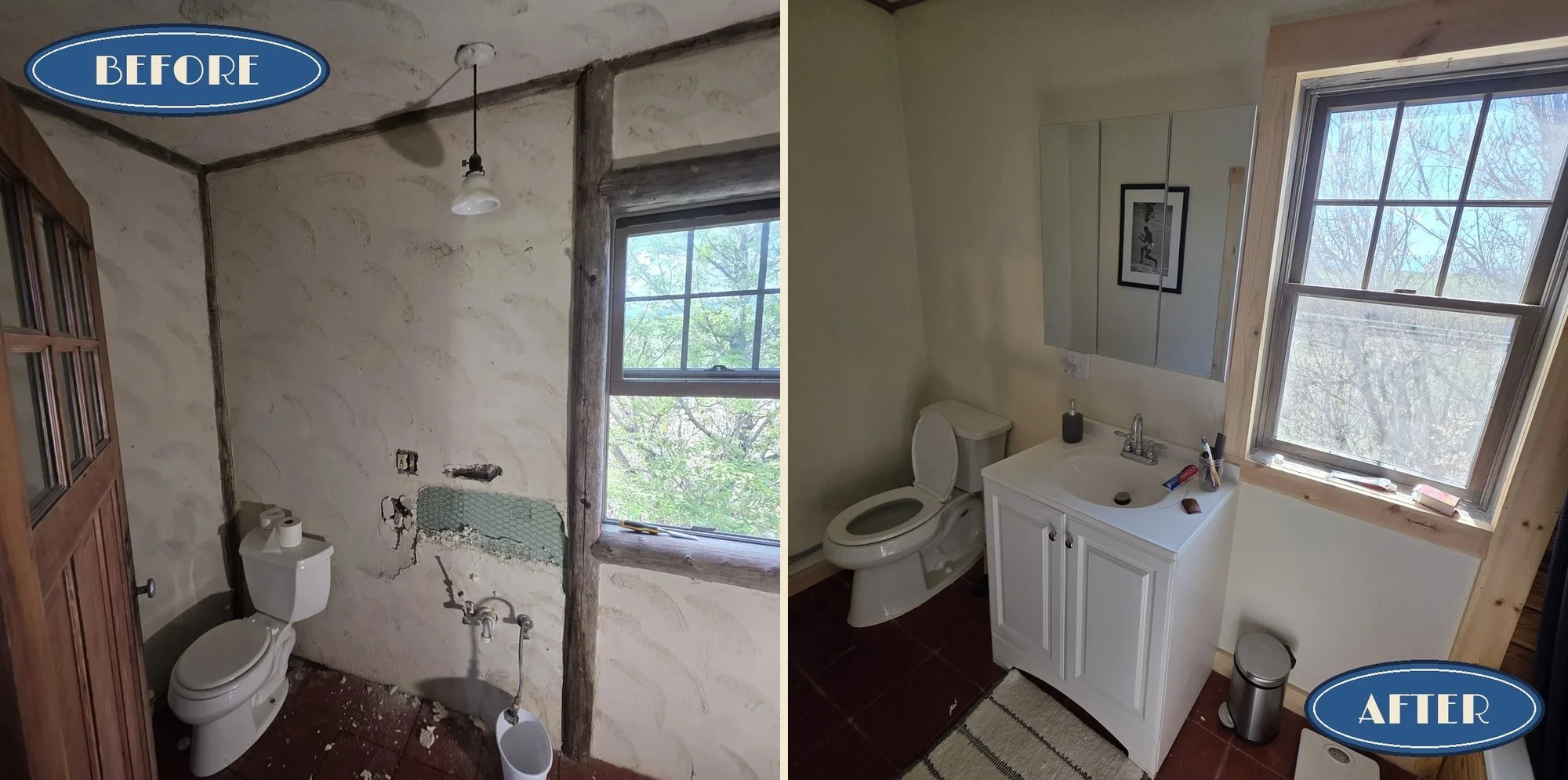 Before and after: bunkhouse bathroom vanity wall in Cardwell, Montana, from gutted studs to finished vanity, window trim and paint