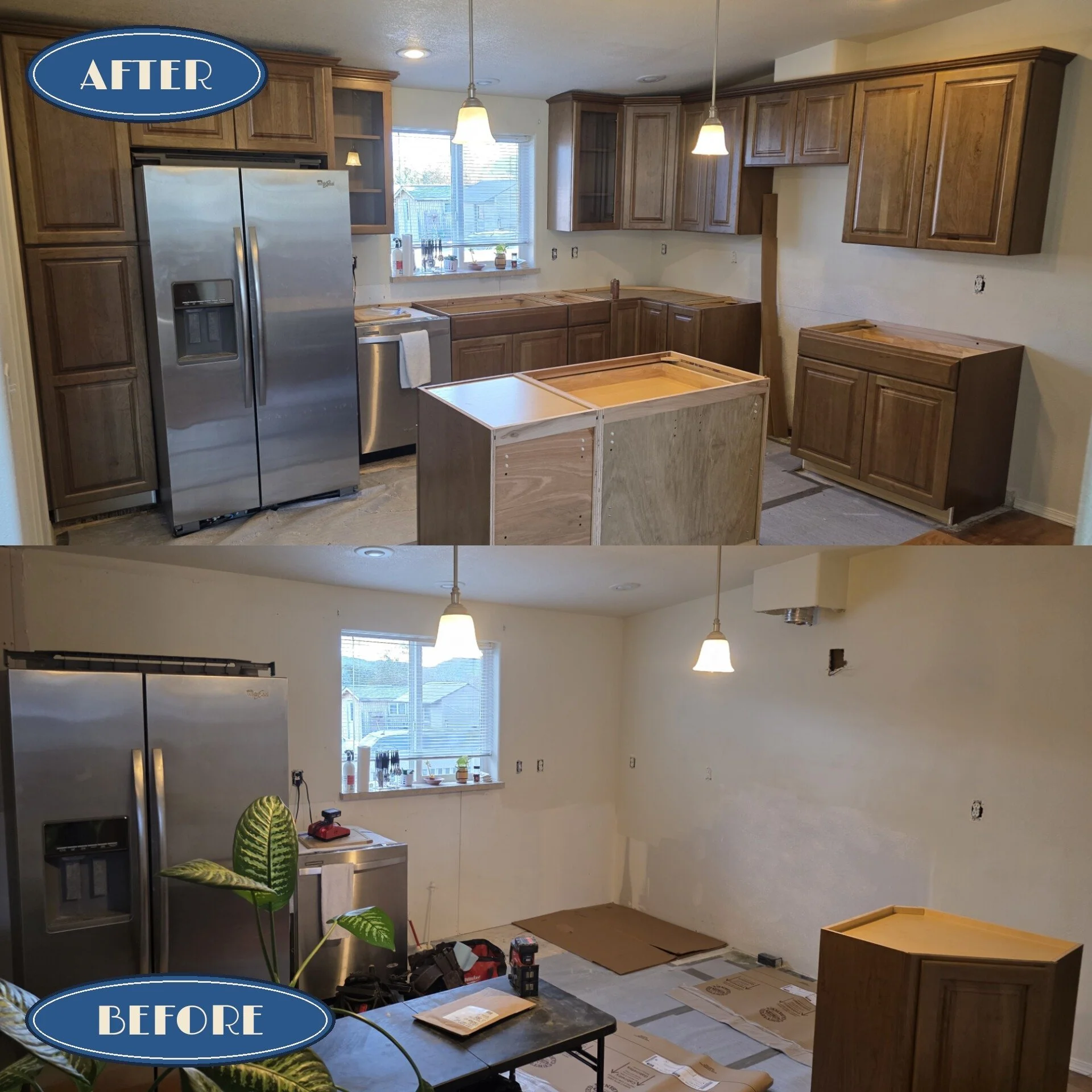 Anaconda, MT kitchen after fire and water damage: finished cabinets on top, gutted kitchen below