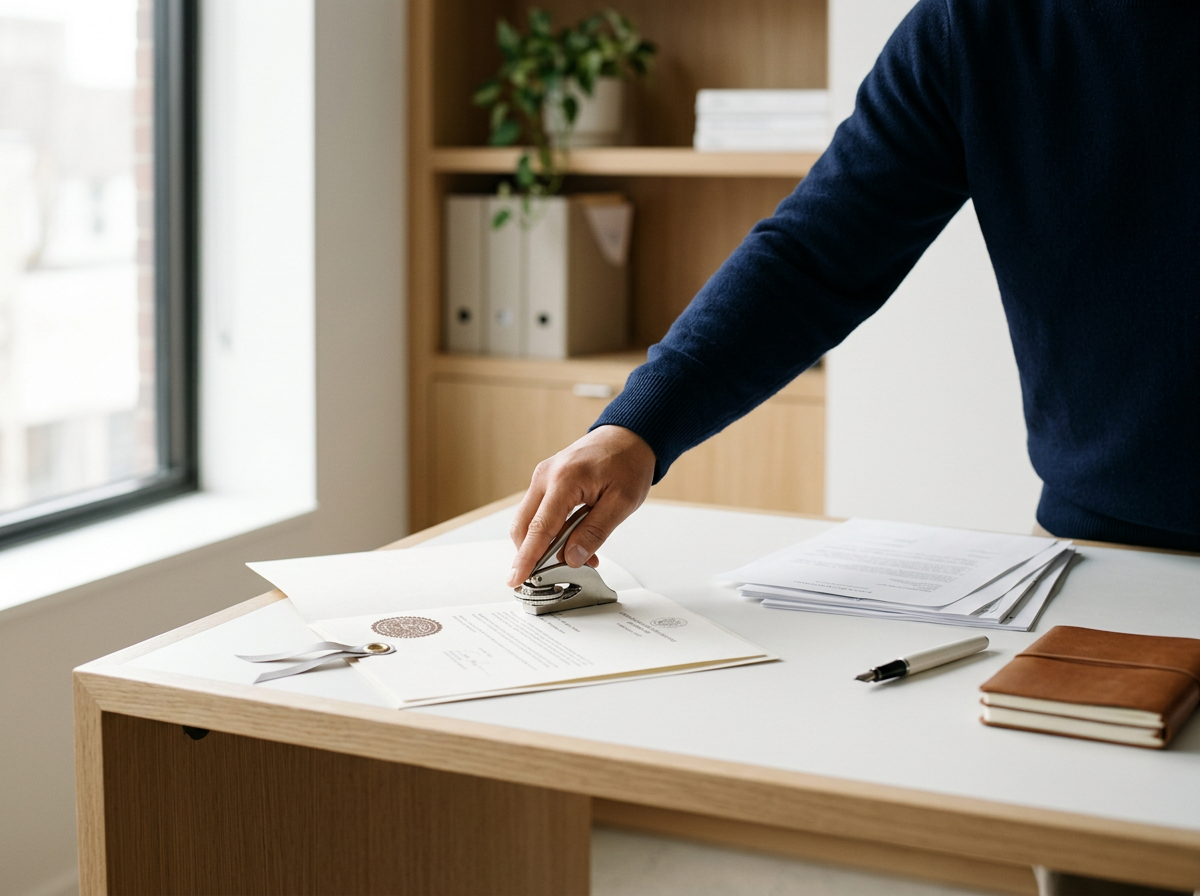 A Texas Secretary of State officer using a hand embosser to apply an official state-level authentication and Apostille processing services managed by LC Notary Public.