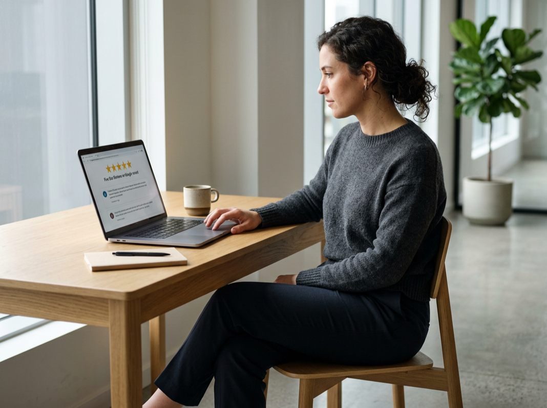Client viewing a five-star Google review on a laptop screen in modern office space. This represents the excellent reputation, verified five-star ratings, and trusted client testimonials earned by LC Notary Public in the Leander and Austin community.