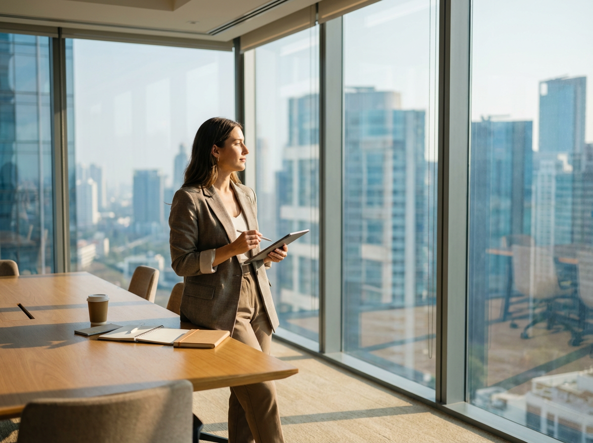 Notaria pública bilingüe profesional en Texas sosteniendo una tableta digital en una oficina corporativa moderna. La imagen transmite confianza, autoridad y preparación legal, ideal para ilustrar los servicios notariales móviles de LC Notary Public.