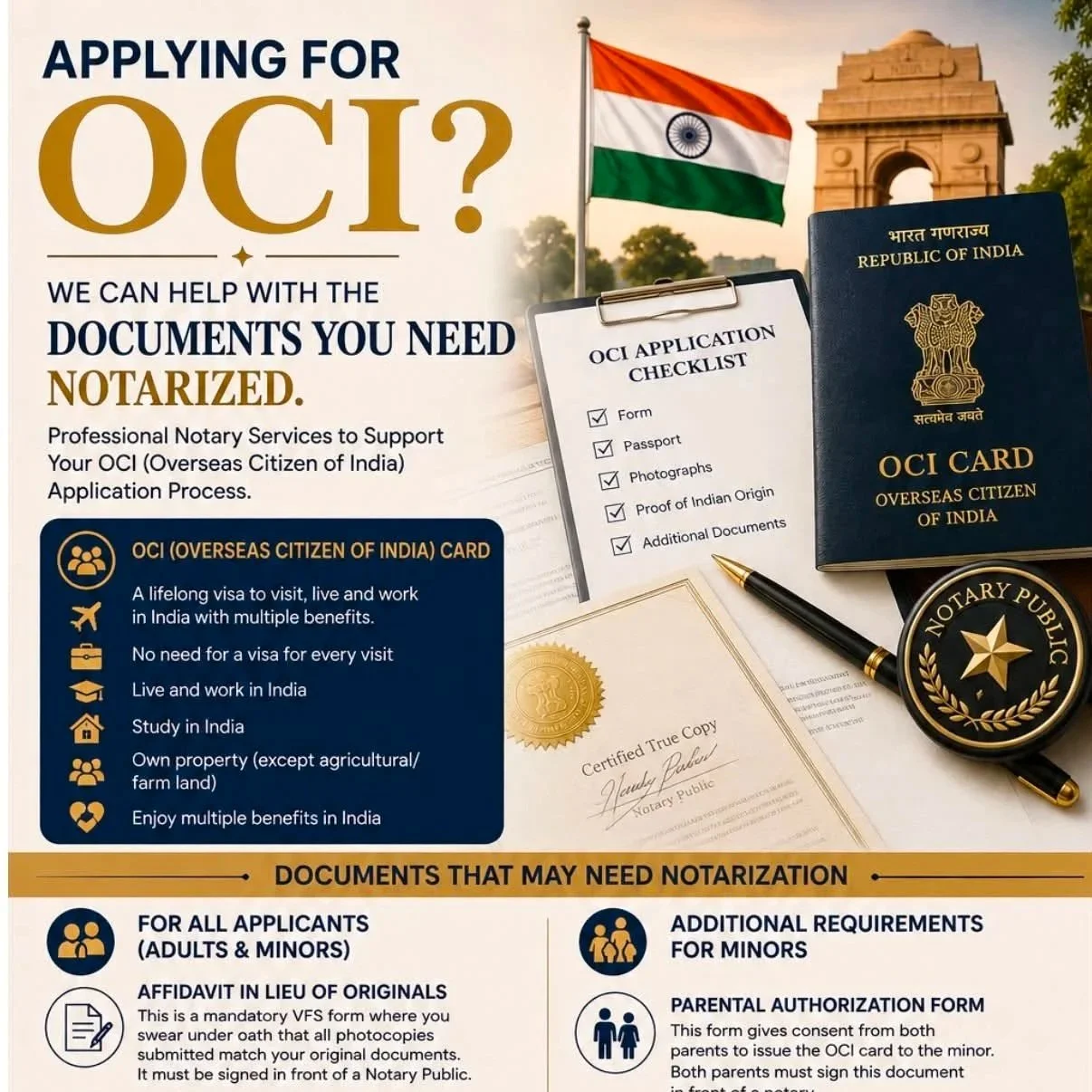 An informational poster about applying for an OCI (Overseas Citizen of India) visa, featuring a photo of an Indian passport, an OCI application checklist, a notary public stamp, an Indian flag, and a backdrop of India Gate.