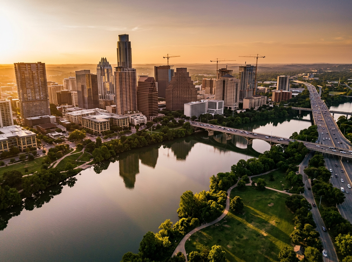 Aerial view of downtown Austin, Texas during sunset, showing skyscrapers, a river with a park along its banks, and a bridge with traffic.