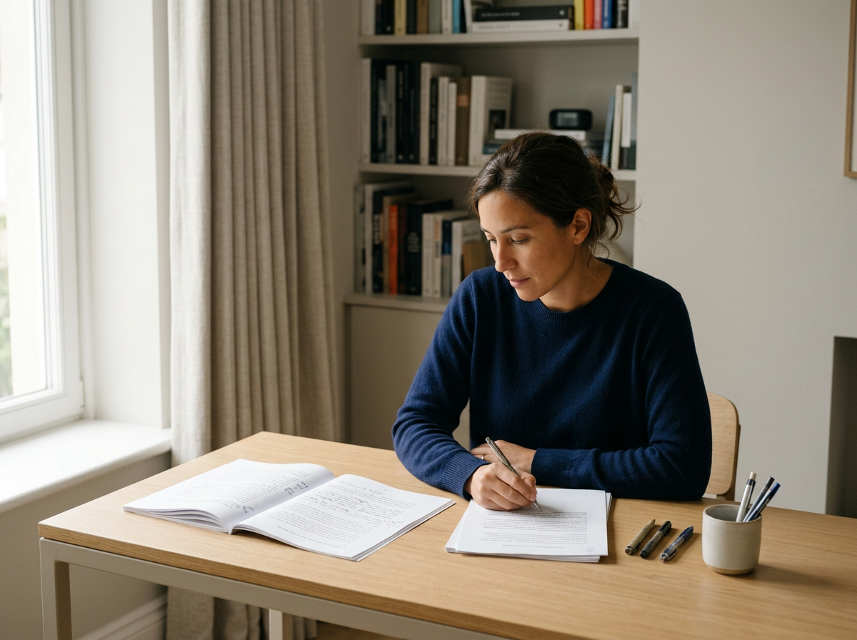 Professional translator reviewing legal documents and writing accurate translations at a desk with reference books. This highlights the certified document translation services provided by LC Notary Public for international, legal, and personal papers
