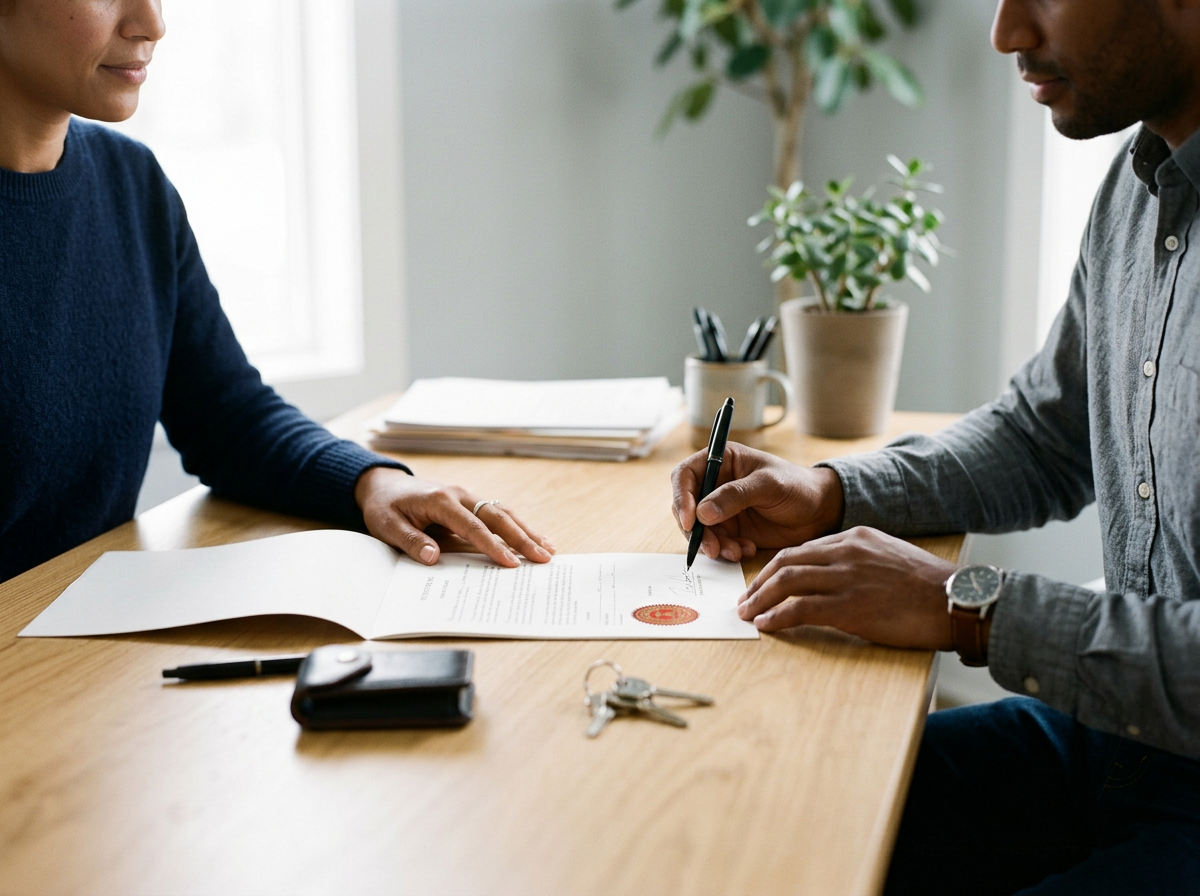 Close-up of a client signing an official legal document with a professional pen during an in-person appointment. A notary stamp seal is visible on the contract, with a wallet and house keys resting on the wooden table.