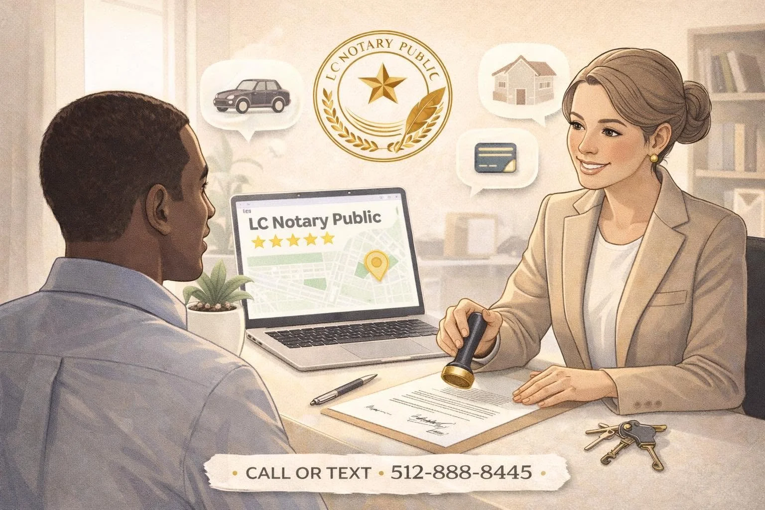 Illustration of a woman and a man at a desk, with a laptop displaying 'LC Notary Public,' a potted plant, a pen, a set of keys, and a document. The woman is smiling and holding a stamp, and the man appears to be listening. The background features a gold seal with a star and feathered quill, and speech bubbles with images of a car, house, and credit card. Text at the bottom reads 'Call or Text 512-888-8445.'