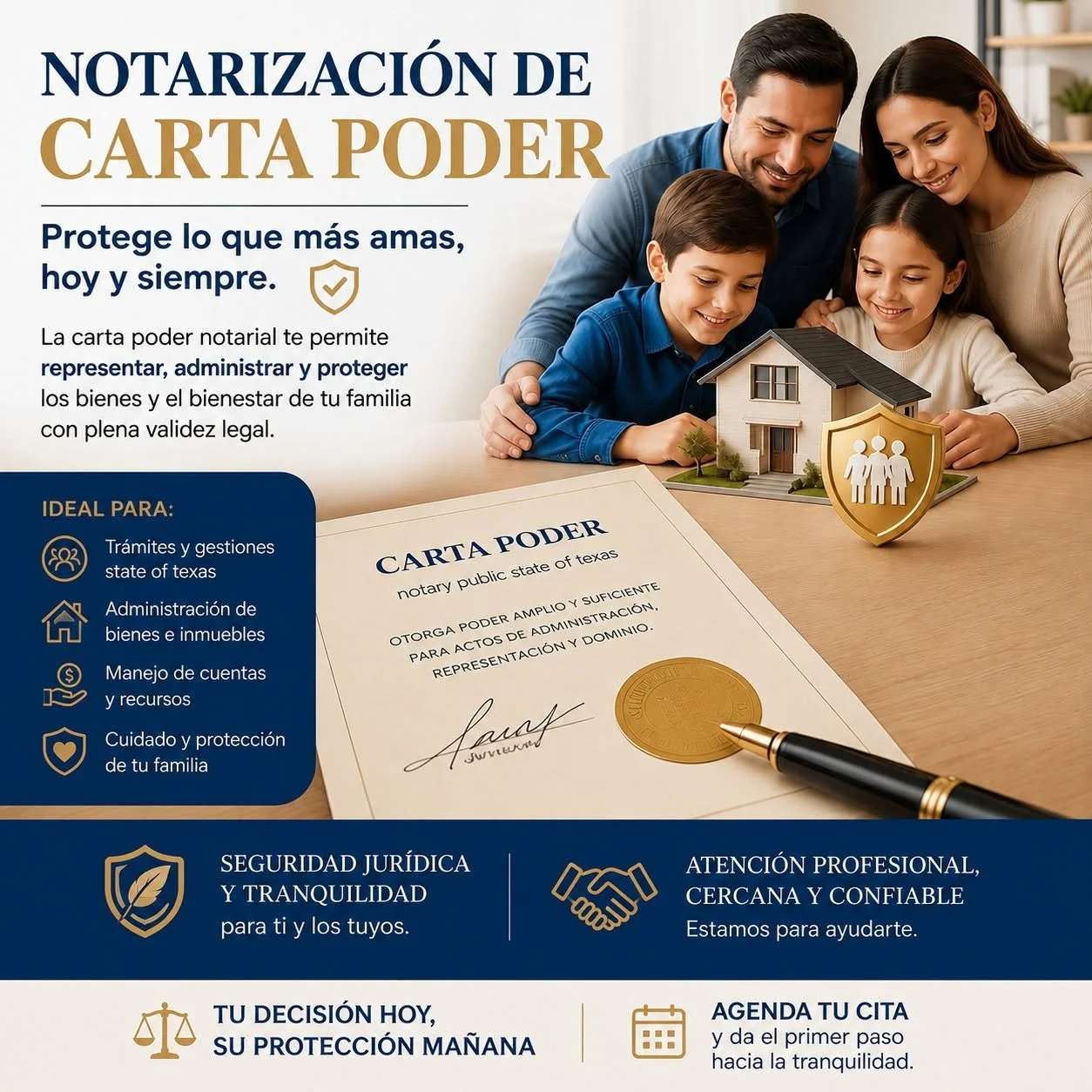 Gráfico publicitario en español para servicios de notarización de carta poder en Texas. Incluye la imagen de una familia feliz protegiendo una maqueta de casa y un documento legal oficial firmado con un sello notarial dorado que dice "notary public"