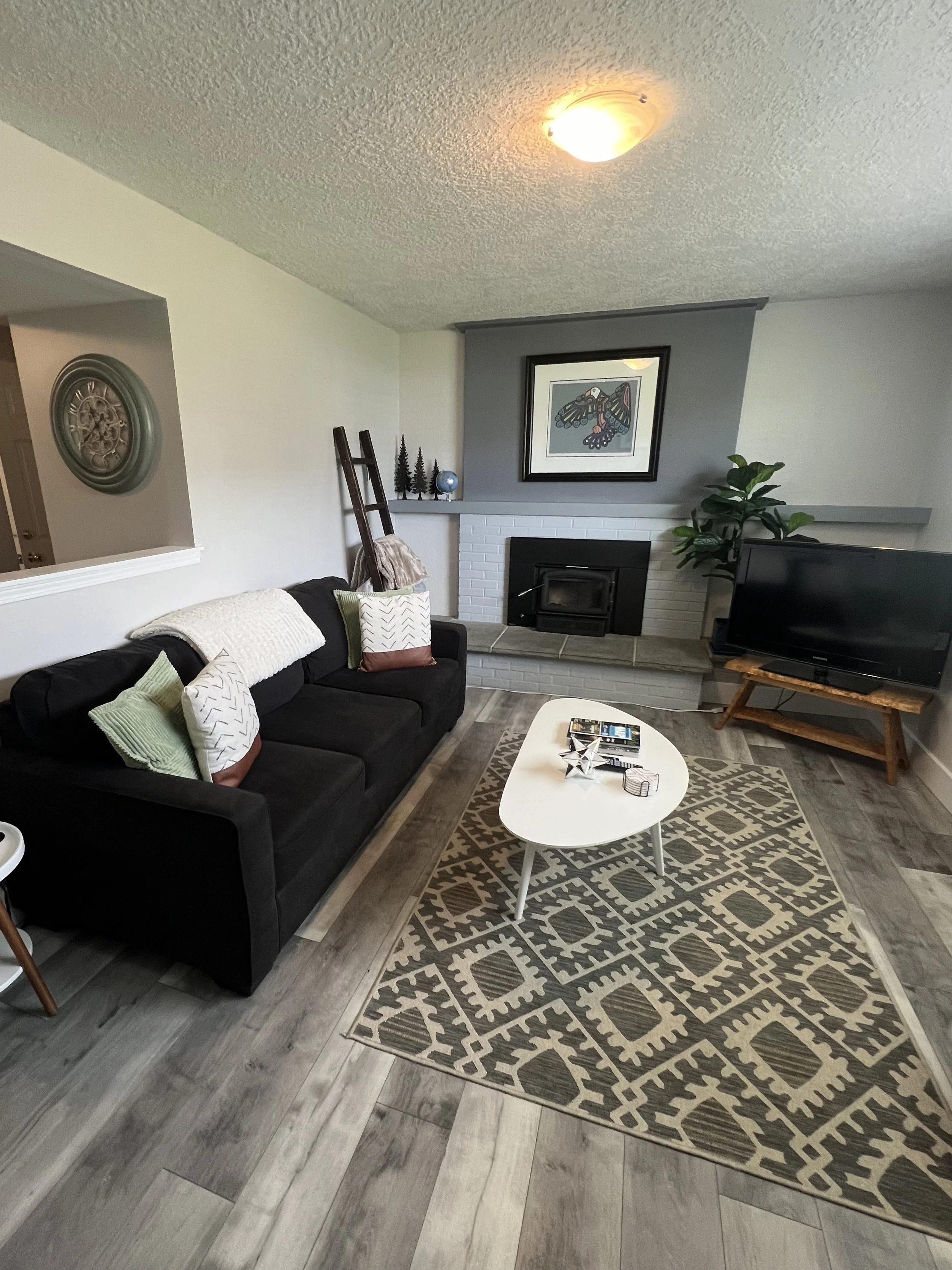 Living room with a black sofa decorated with pillows, a white coffee table, a patterned rug, a fireplace, a TV on a wooden stand, a plant, wall art, and a ladder with trees and a globe in the background.