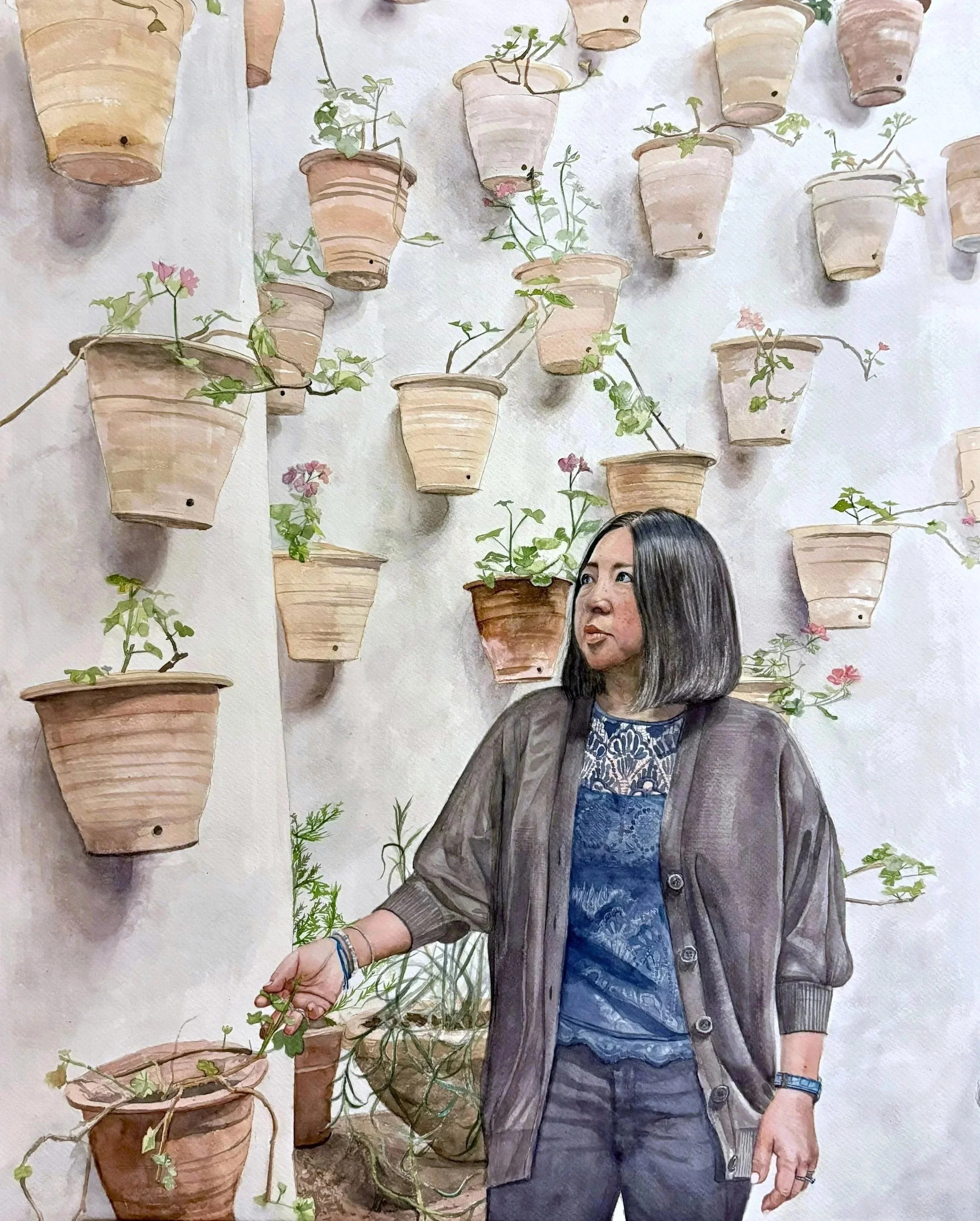 Self Portrait, Patio de los Gatos; 2026  Watercolor on aluminum backed paper, 30x24 