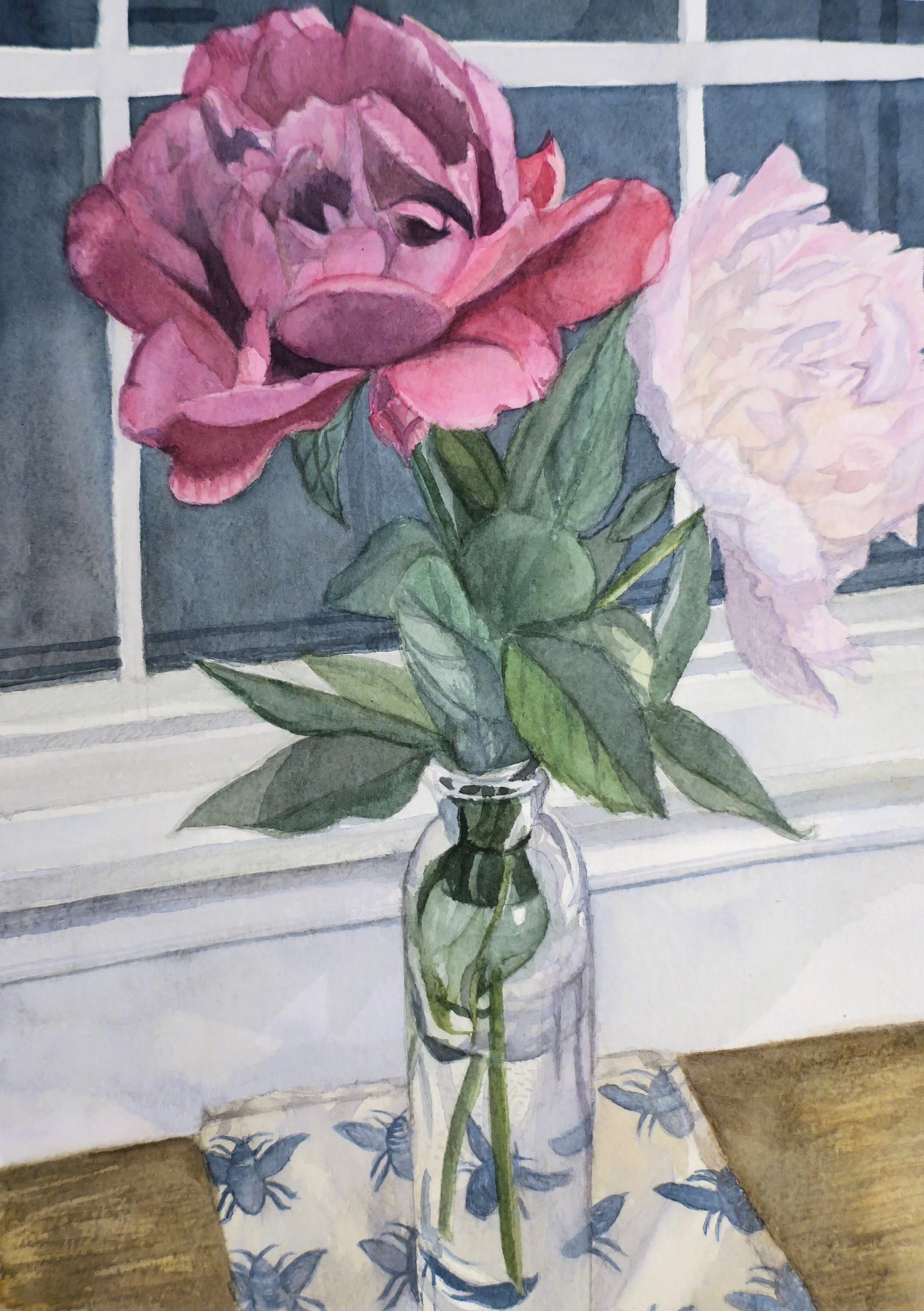 Peonies and Bees, 2022  
Watercolor on paper, 12x9