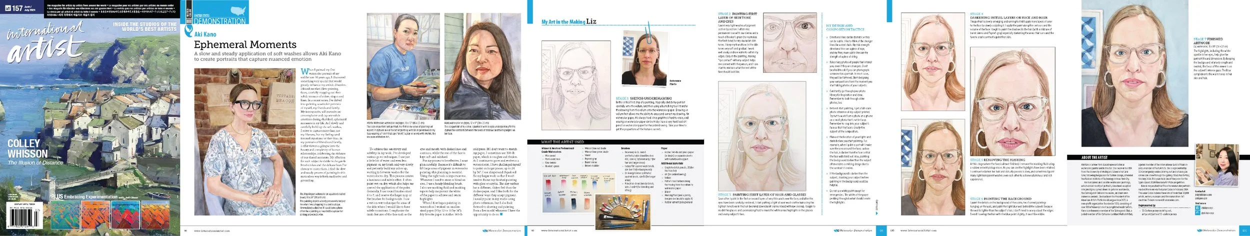 International Artist Magazine-June/July 2024  
A 6-page editorial demo feature about Kano's watercolor portrait painting inspiration and process titled "Ephemeral Moments".