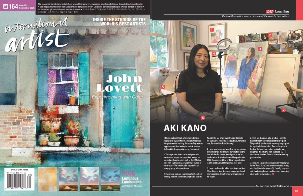 
International Artist Magazine-August/September 2025
 
A studio profile and interview highlighting Kano's watercolors and workspace.