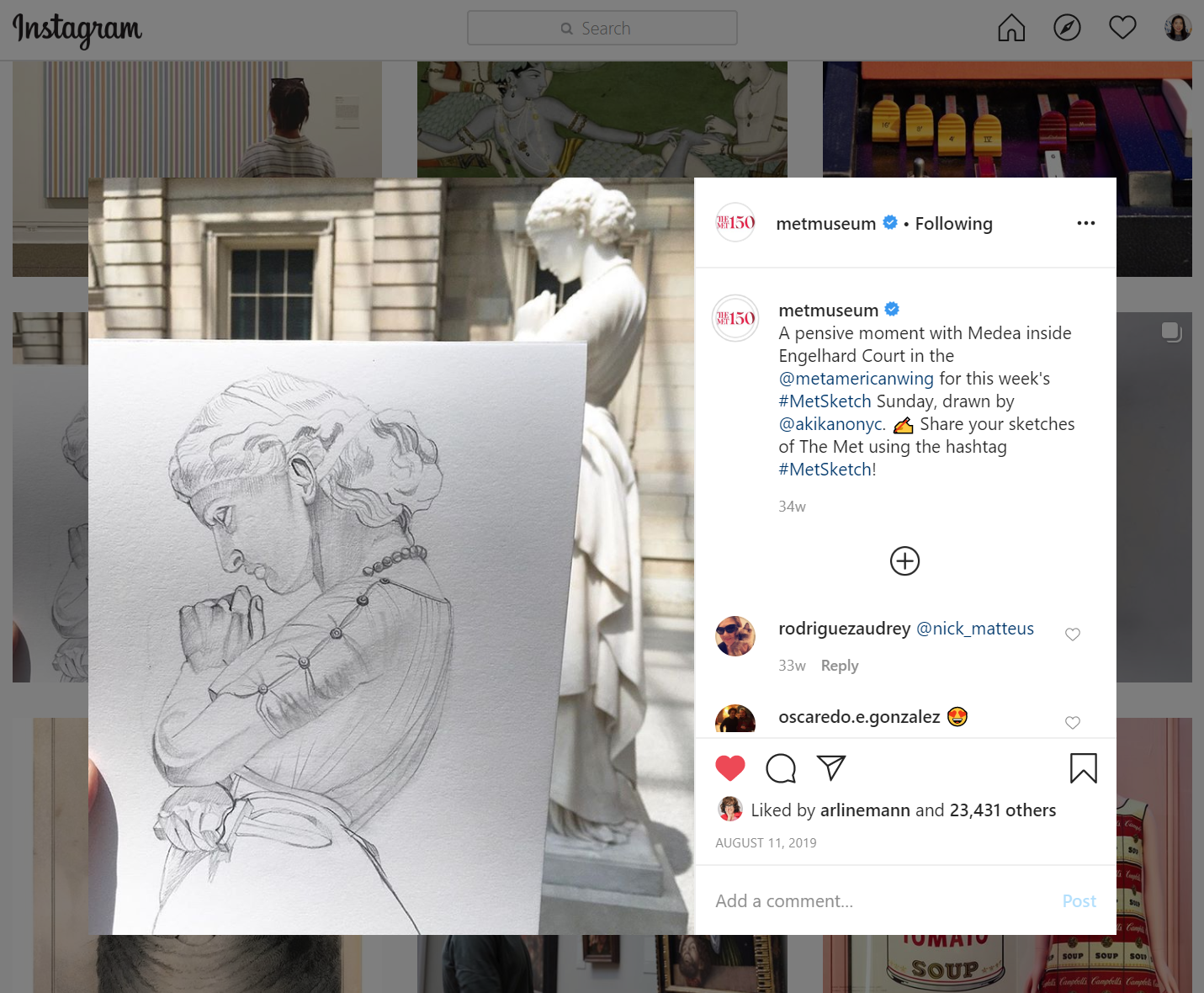 The Metropolitan Museum of Art Instagram-August 11, 2019  
The “Medea” sculpture by Willliam Wetmore Story drawn at the Metropolitan Museum of Art was posted on the museum’s Instagram page and received over 20K likes.  