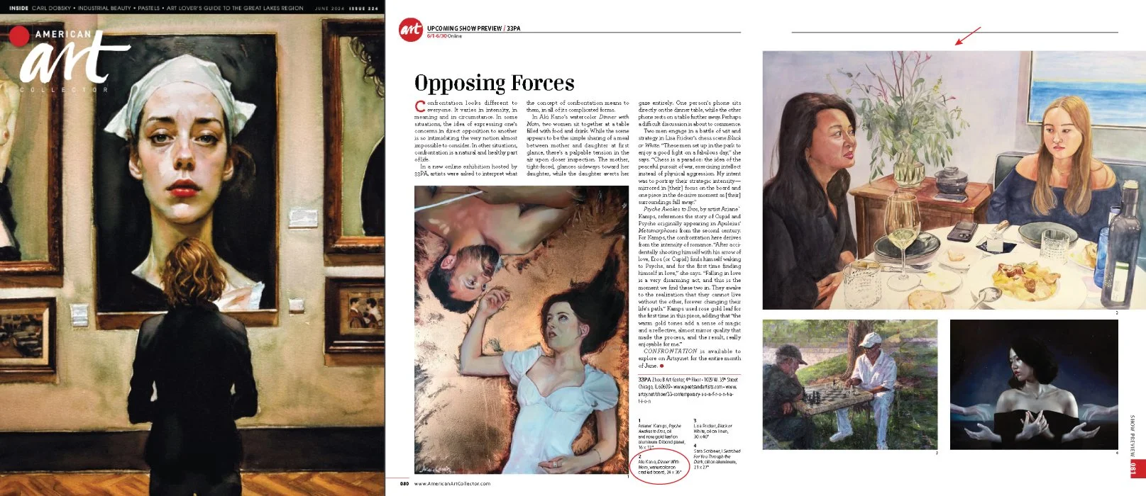 
American Art Collector-June 2024  
The watercolor painting "Dinner with Mom" was selected for the feature "Opposing Forces" about 33 Contemporary Gallery and Poets Artists' online exhibition titled "Confrontation".