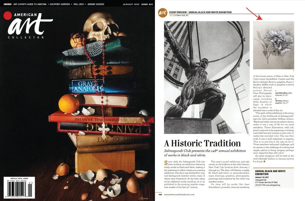 
American Art Collector-January 2025  
The graphite drawing “Peony I” was chosen for an article about the Salmagundi Club’s 148th Annual Black and White Exhibition